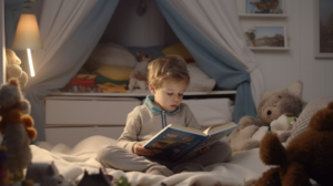 enfant de 4 ans qui lis un livre dans sa chambre